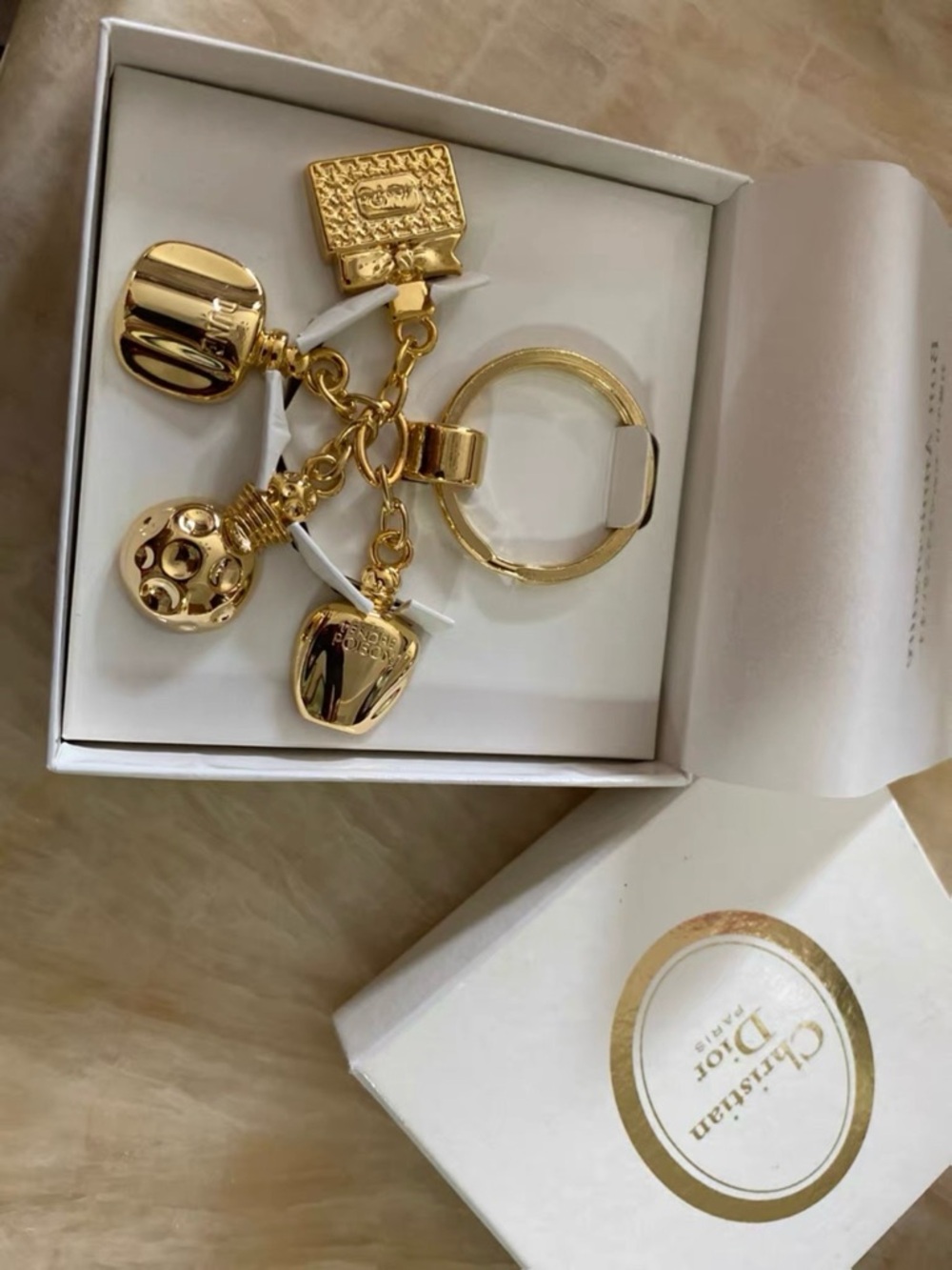 Vintage Christian Dior Parfum Miss Dior Bottle Dangle Gold Keyring Bag Charm